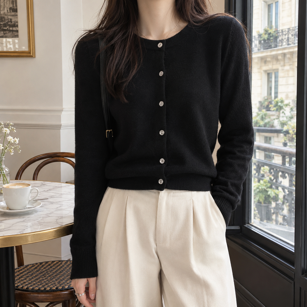 Grace Wool Crewneck Cardigan in Black