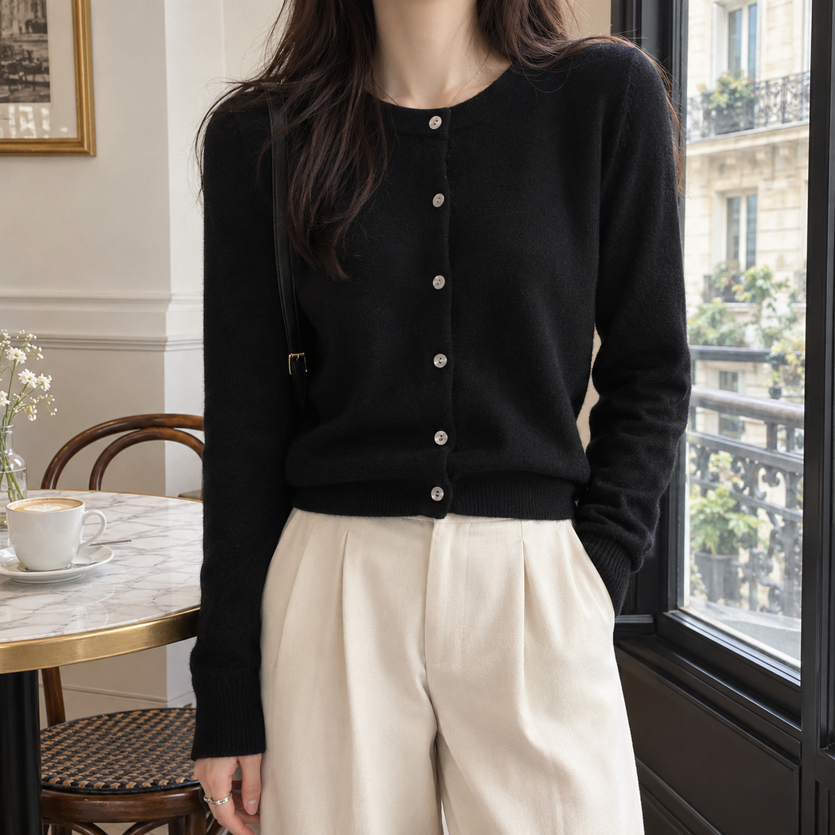 Grace Wool Crewneck Cardigan in Black