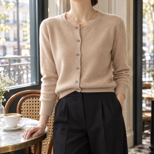 Grace Wool Crewneck Cardigan in Camel