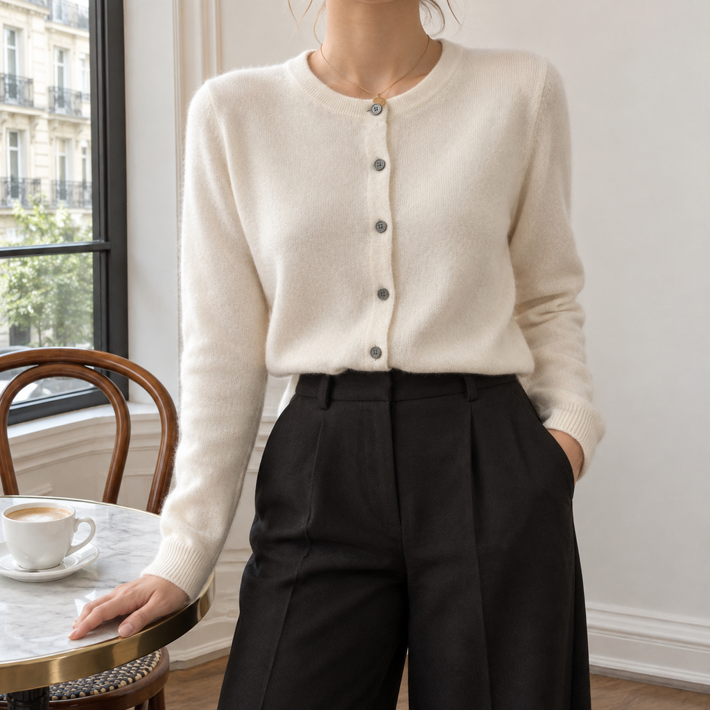 Grace Wool Crewneck Cardigan in Ivory