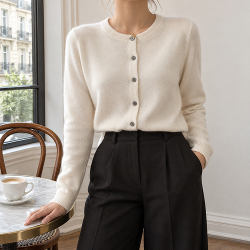 Grace Wool Crewneck Cardigan in Ivory