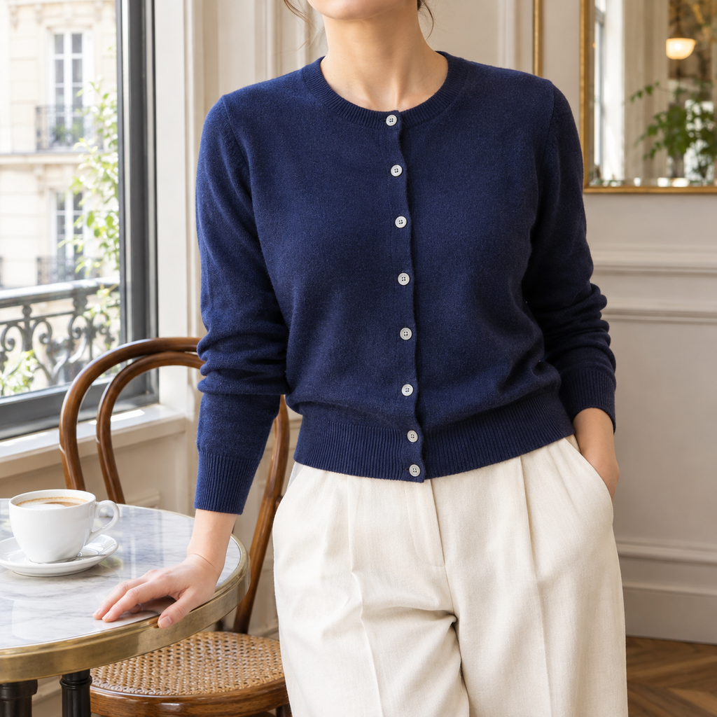 Grace Wool Crewneck Cardigan in Navy