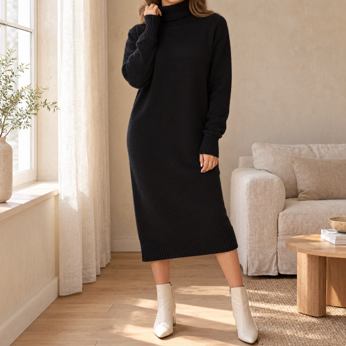 Claire Turtleneck Sweater Dress in Black