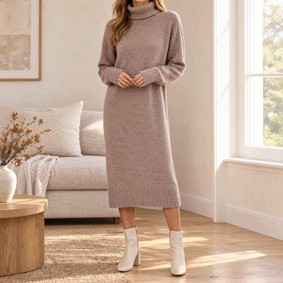 Claire Turtleneck Sweater Dress in Mocha