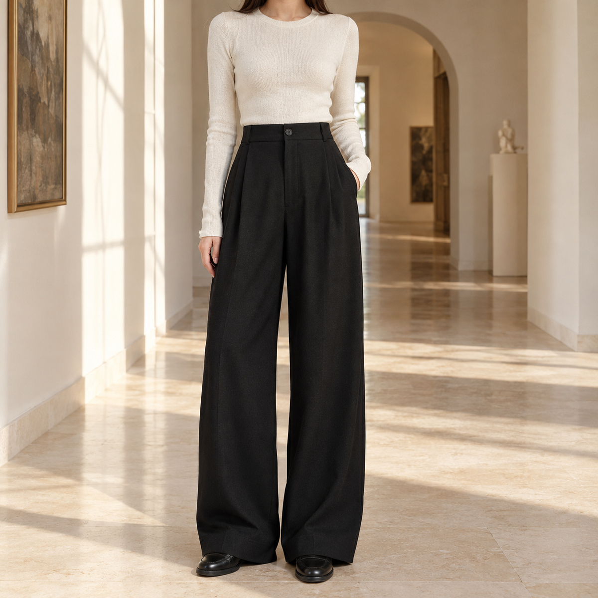 Vivian Pleated Wide-Leg Trousers in Black