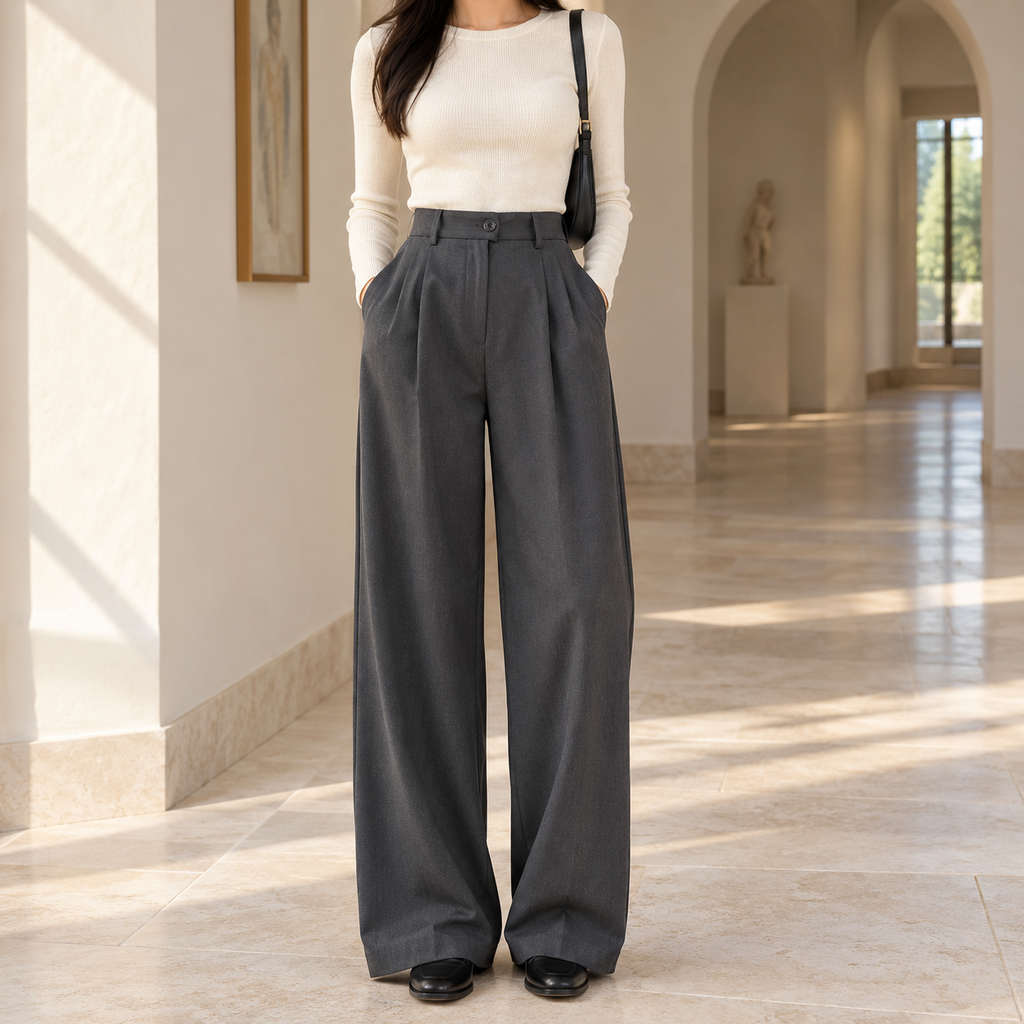 Vivian Pleated Wide-Leg Trousers in Gray