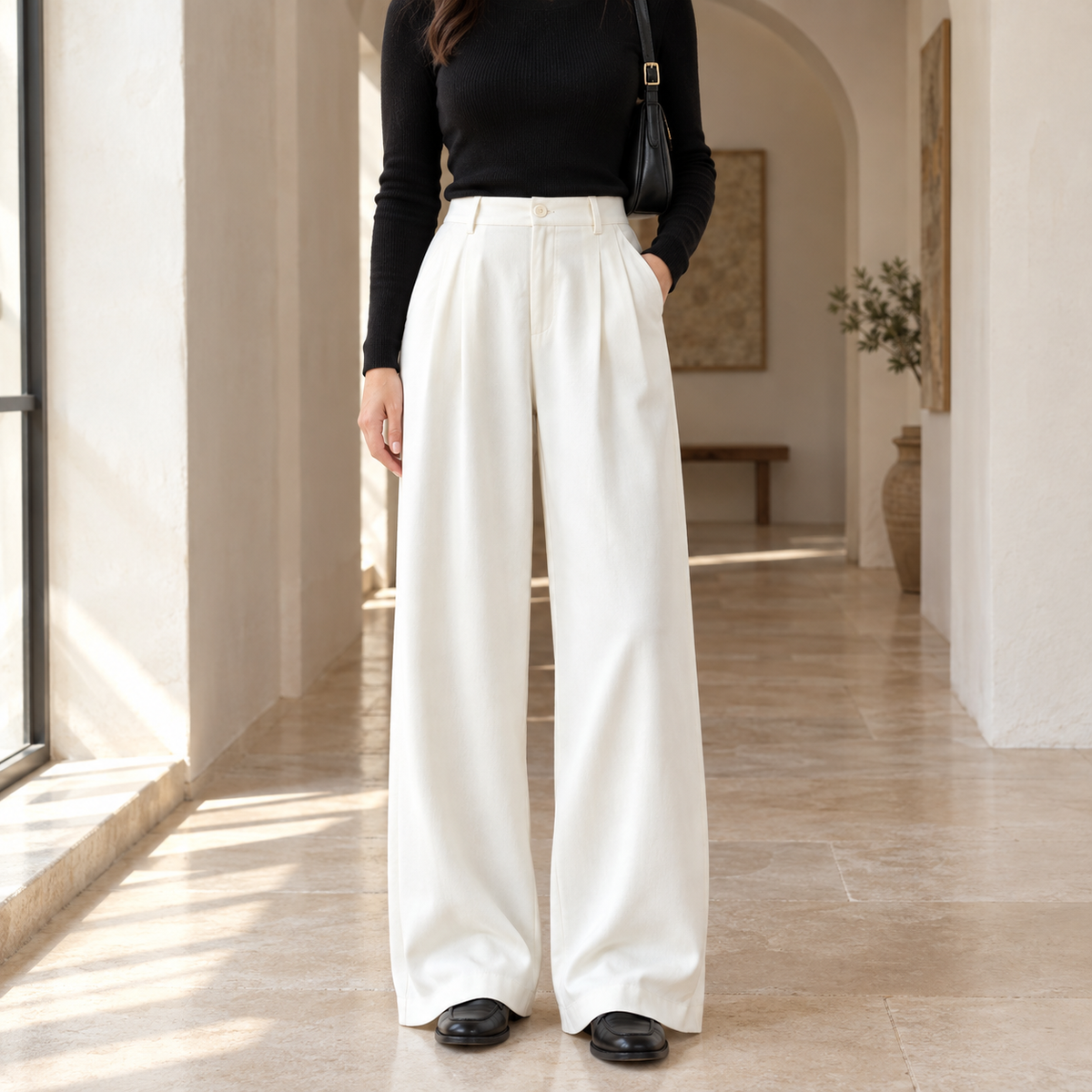 Vivian Pleated Wide-Leg Trousers in Ivory