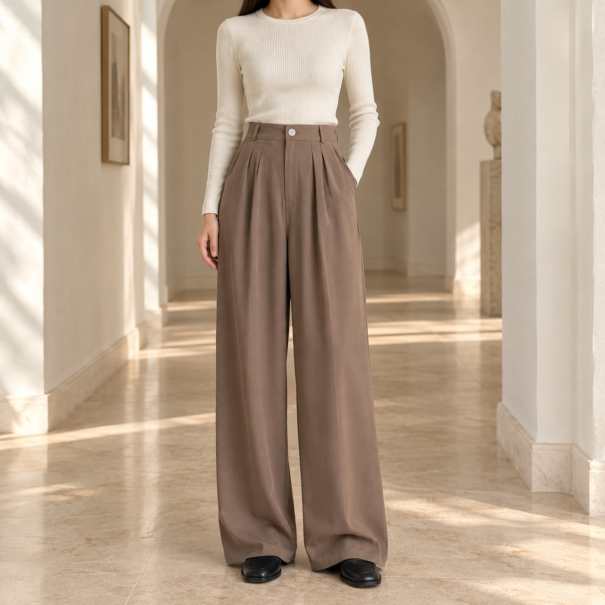 Vivian Pleated Wide-Leg Trousers in Taupe