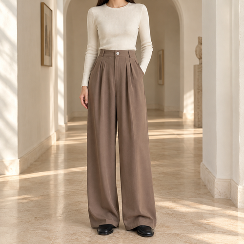 Vivian Pleated Wide-Leg Trousers in Taupe
